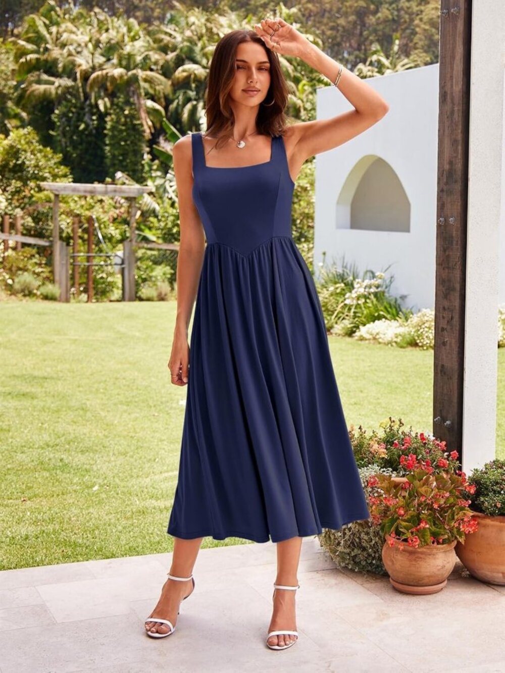 Spring Midi Dress for Women - Square Neck, Sleeveless, A-Line, Casual Sundress - Picture 3 of 7